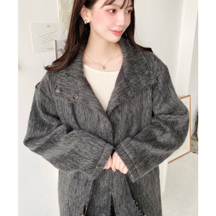 スタンドカラージップアップメランジシャギーコート | moment+ | 詳細画像3 