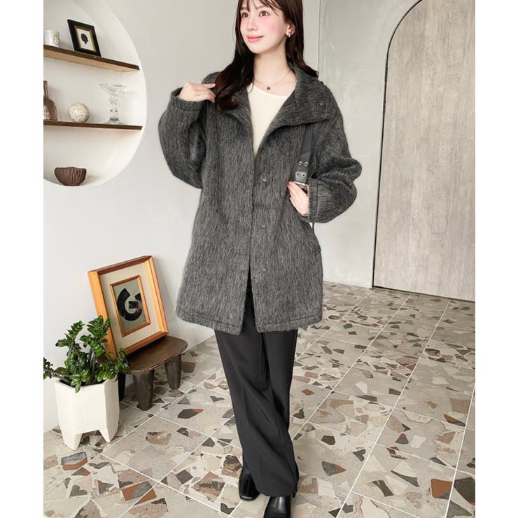 スタンドカラージップアップメランジシャギーコート[品番：ERMW0004026