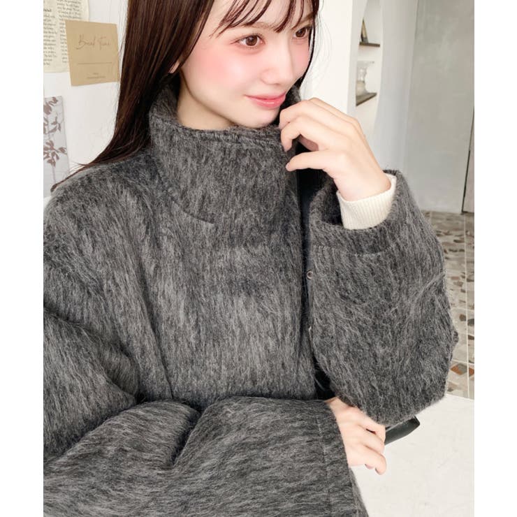 チャコールグレー | スタンドカラージップアップメランジシャギーコート | moment+