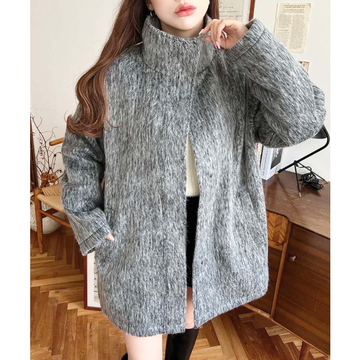 グレー | スタンドカラージップアップメランジシャギーコート | moment+