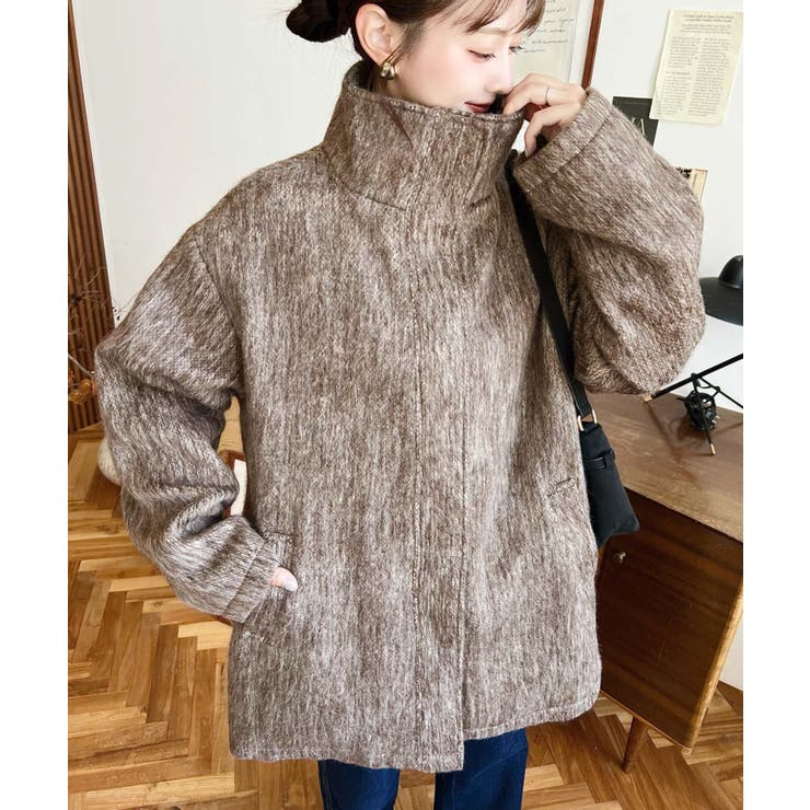 スタンドカラージップアップメランジシャギーコート[品番：ERMW0004026