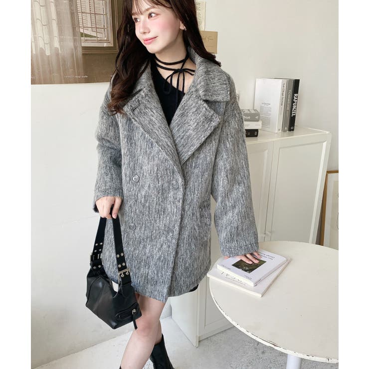 2WAYアレンジカラーミドル丈メランジシャギーコートジャケット[品番