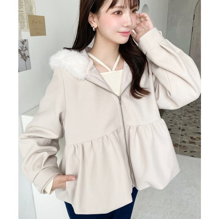 ファーフードペプラムバルーンブルゾン[品番：ERMW0004241]｜moment+