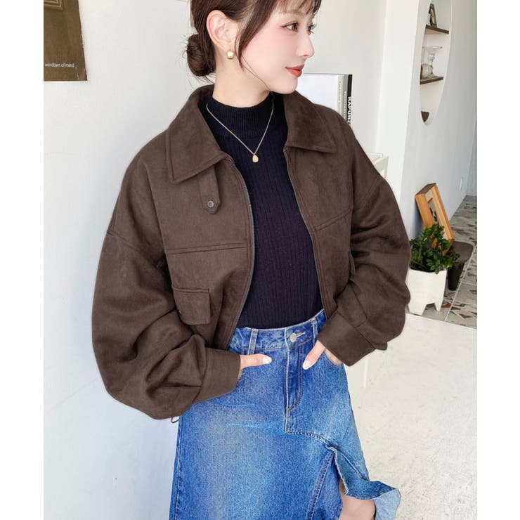 ブラウン スエード ショートジャケット 2WAYカラーフェイクスエードショートブルゾン[品番：ERMW0003905