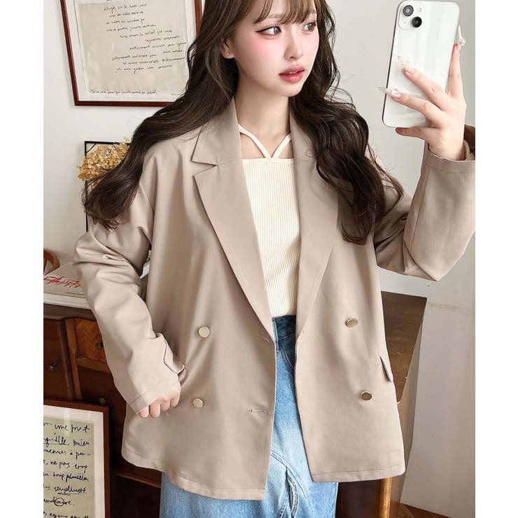 ベージュ | マットゴールド釦ダブルテーラードジャケット | moment+