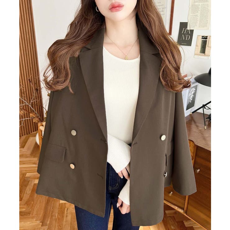 ブラウン | マットゴールド釦ダブルテーラードジャケット | moment+