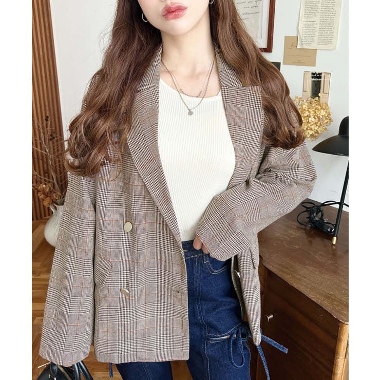 グレンチェックダブルテーラージャケットマットゴールド釦 | moment+ | 詳細画像11 