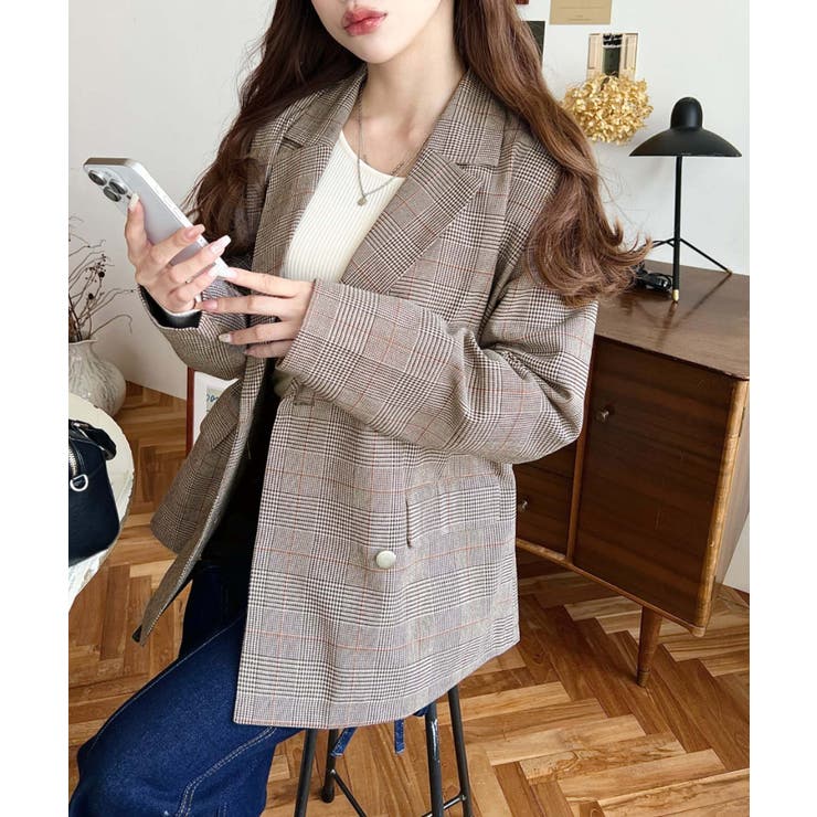 グレンチェックダブルテーラージャケットマットゴールド釦 | moment+ | 詳細画像12 