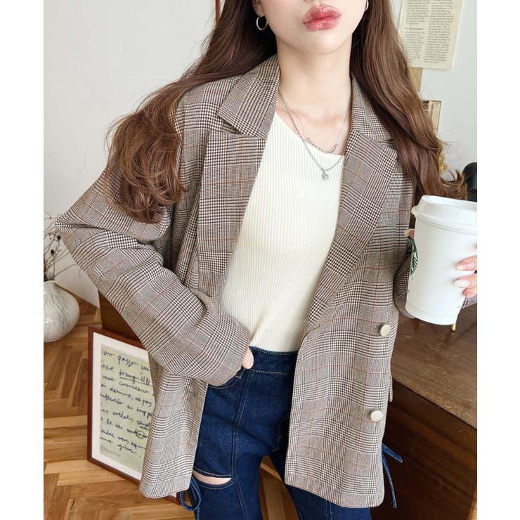 グレンチェックダブルテーラージャケットマットゴールド釦 | moment+ | 詳細画像13 