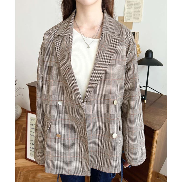 グレンチェックダブルテーラージャケットマットゴールド釦 | moment+ | 詳細画像14 