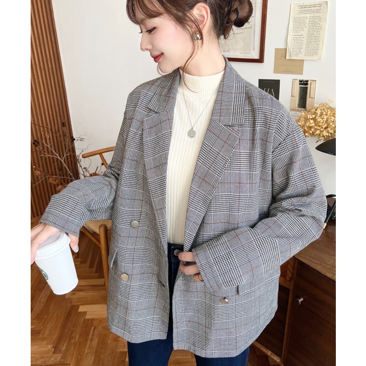 グレンチェックダブルテーラージャケットマットゴールド釦 | moment+ | 詳細画像2 