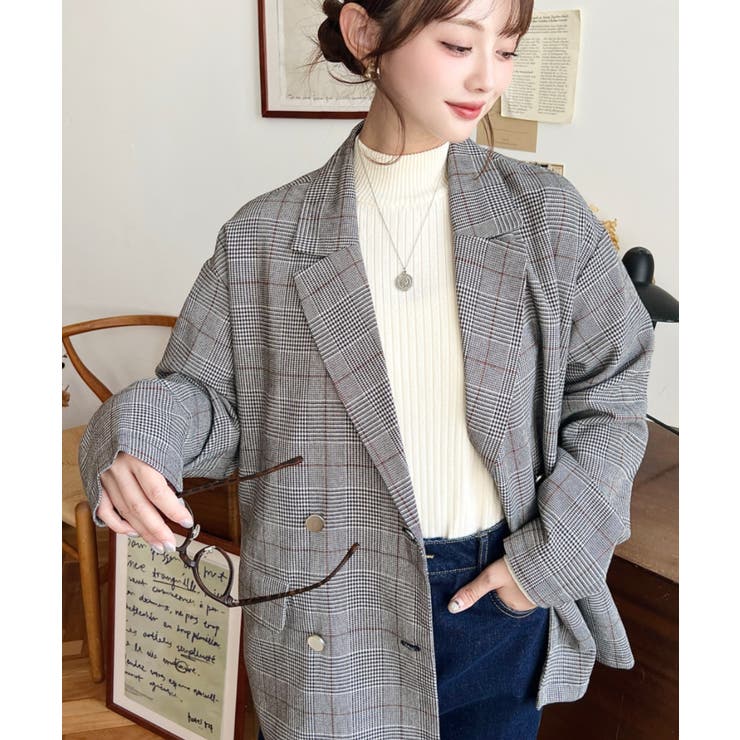 グレンチェックダブルテーラージャケットマットゴールド釦[品番