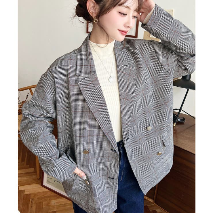 グレンチェックダブルテーラージャケットマットゴールド釦 | moment+ | 詳細画像4 