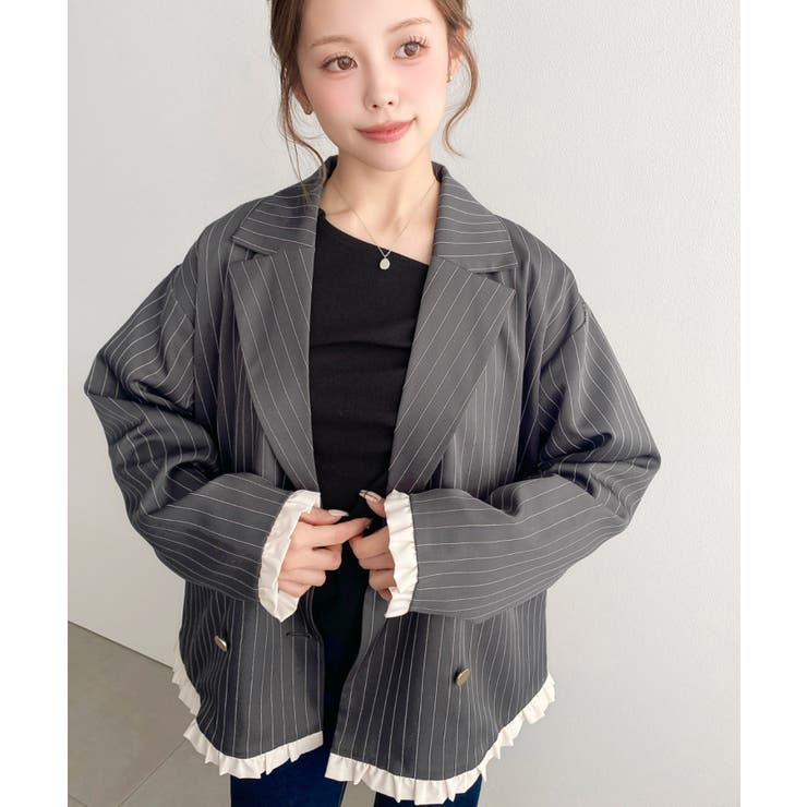 マットゴールド釦配色フリルピンストライプWテーラージャケット | moment+ | 詳細画像11 