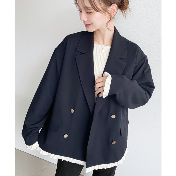 マットゴールド釦配色フリルピンストライプWテーラージャケット | moment+ | 詳細画像13 