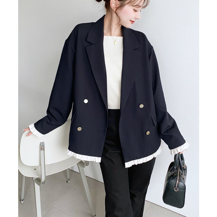 マットゴールド釦配色フリルピンストライプWテーラージャケット | moment+ | 詳細画像15 