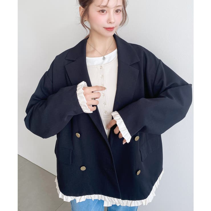 マットゴールド釦配色フリルピンストライプWテーラージャケット | moment+ | 詳細画像16 