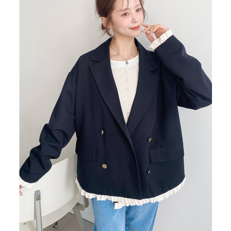 マットゴールド釦配色フリルピンストライプWテーラージャケット | moment+ | 詳細画像17 