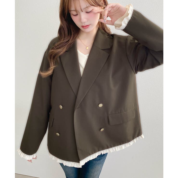 マットゴールド釦配色フリルピンストライプWテーラージャケット | moment+ | 詳細画像21 