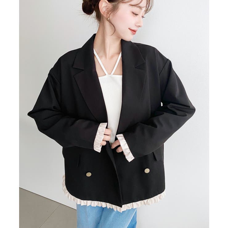 マットゴールド釦配色フリルピンストライプWテーラージャケット | moment+ | 詳細画像28 