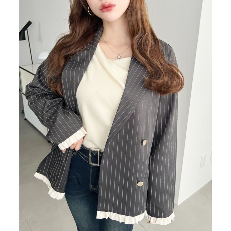 マットゴールド釦配色フリルピンストライプWテーラージャケット | moment+ | 詳細画像3 