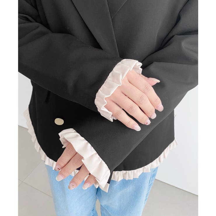 マットゴールド釦配色フリルピンストライプWテーラージャケット | moment+ | 詳細画像30 