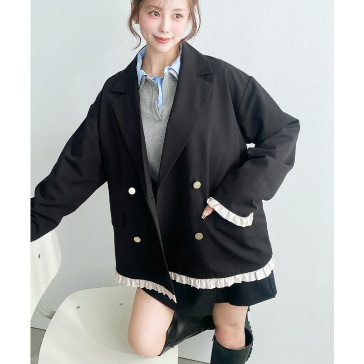 マットゴールド釦配色フリルピンストライプWテーラージャケット | moment+ | 詳細画像35 