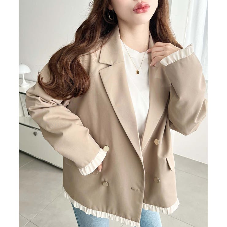 マットゴールド釦配色フリルピンストライプWテーラージャケット | moment+ | 詳細画像39 