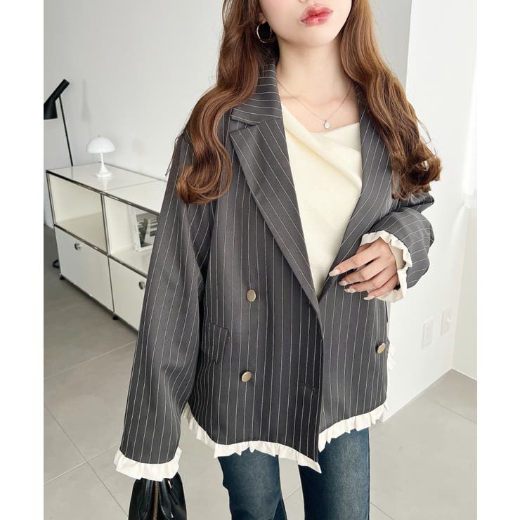 マットゴールド釦配色フリルピンストライプWテーラージャケット | moment+ | 詳細画像4 