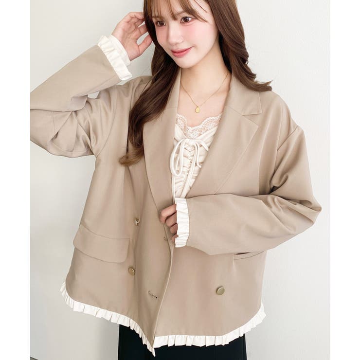 マットゴールド釦配色フリルピンストライプWテーラージャケット | moment+ | 詳細画像43 