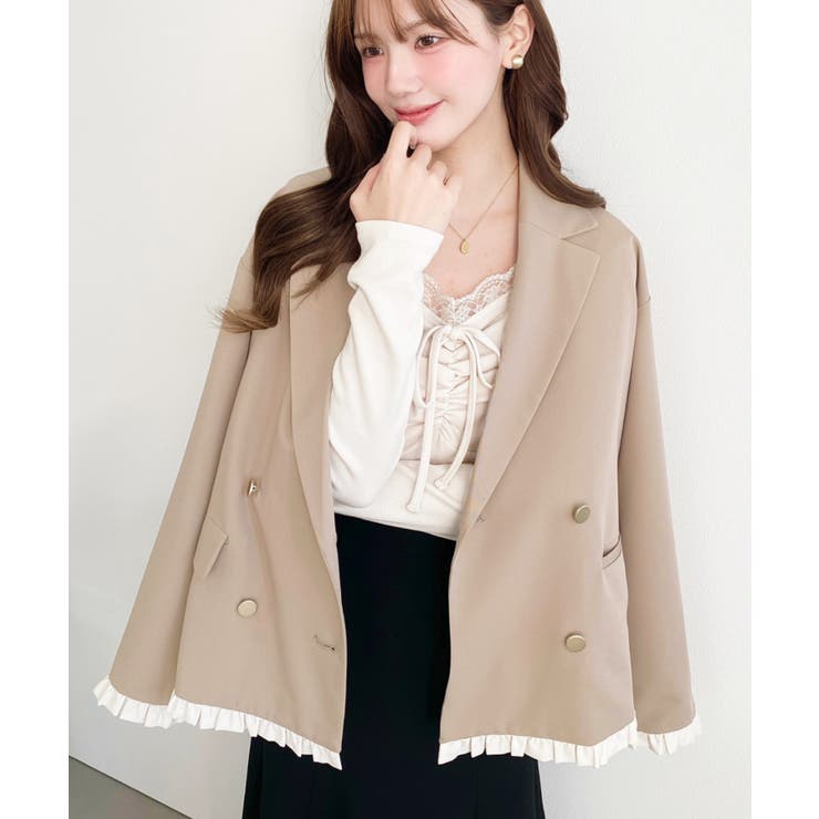 マットゴールド釦配色フリルピンストライプWテーラージャケット | moment+ | 詳細画像44 