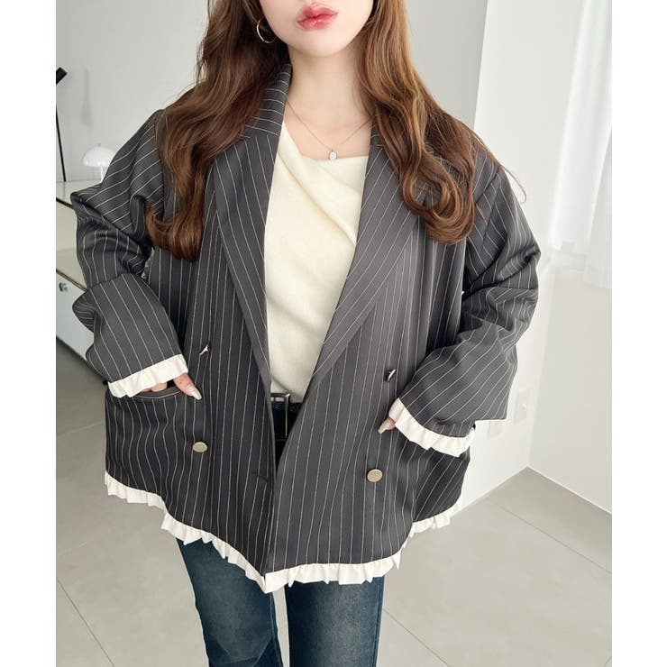 マットゴールド釦配色フリルピンストライプWテーラージャケット | moment+ | 詳細画像5 