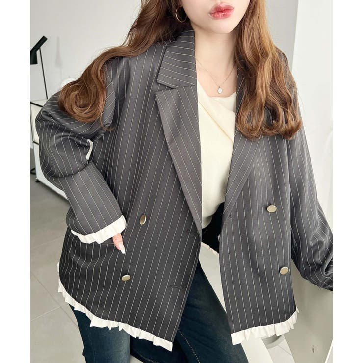 マットゴールド釦配色フリルピンストライプWテーラージャケット | moment+ | 詳細画像6 