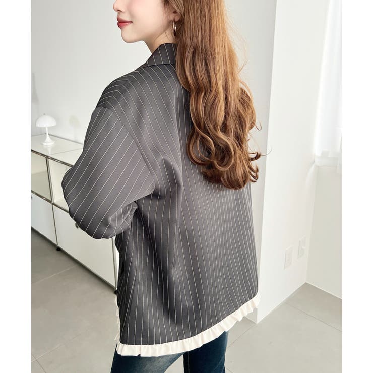 マットゴールド釦配色フリルピンストライプWテーラージャケット | moment+ | 詳細画像7 