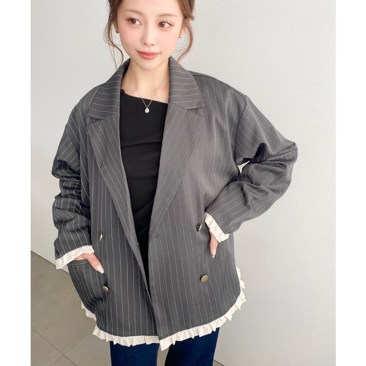 マットゴールド釦配色フリルピンストライプWテーラージャケット | moment+ | 詳細画像8 