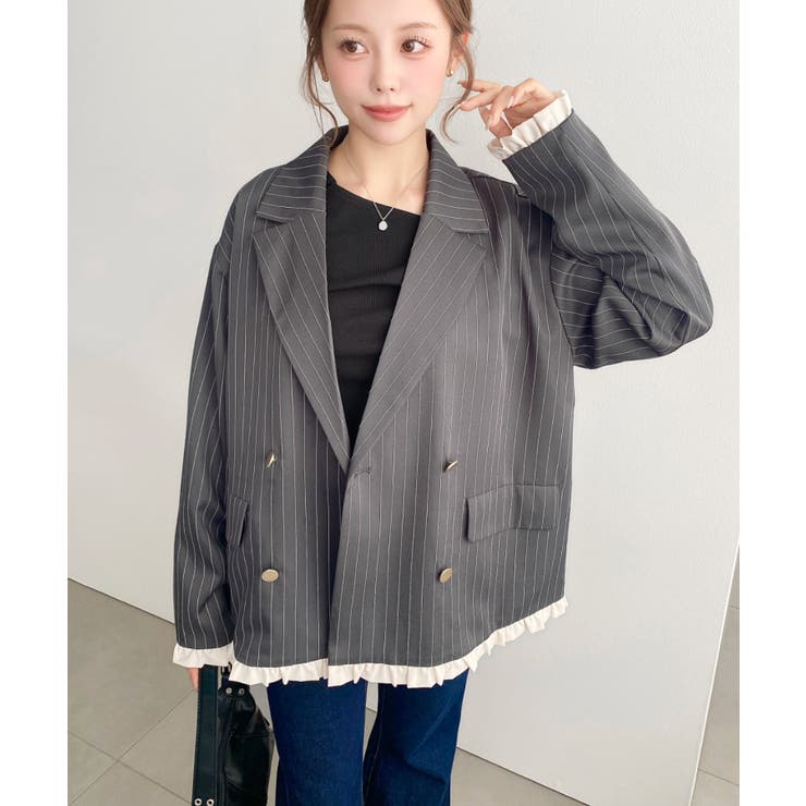 マットゴールド釦配色フリルピンストライプWテーラージャケット | moment+ | 詳細画像9 