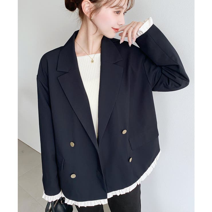 ネイビー | マットゴールド釦配色フリルピンストライプWテーラージャケット | moment+