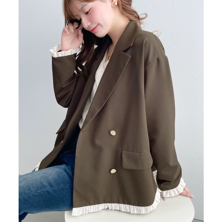 ブラウン | マットゴールド釦配色フリルピンストライプWテーラージャケット | moment+