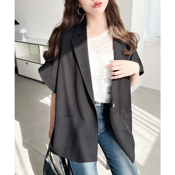 ブラック | 半袖テーラージャケット マットゴールド釦 | moment+