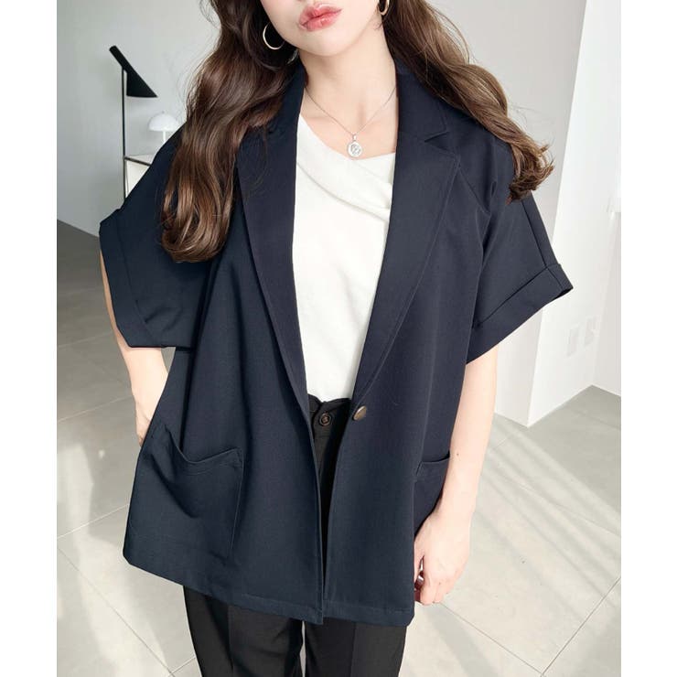 ネイビー | 半袖テーラージャケット マットゴールド釦 | moment+