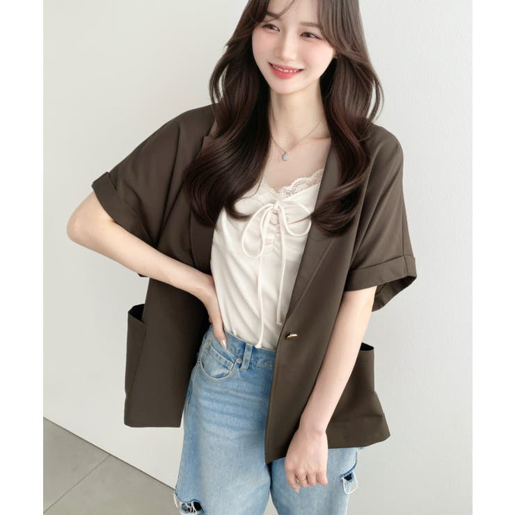 ブラウン | 半袖テーラージャケット マットゴールド釦 | moment+