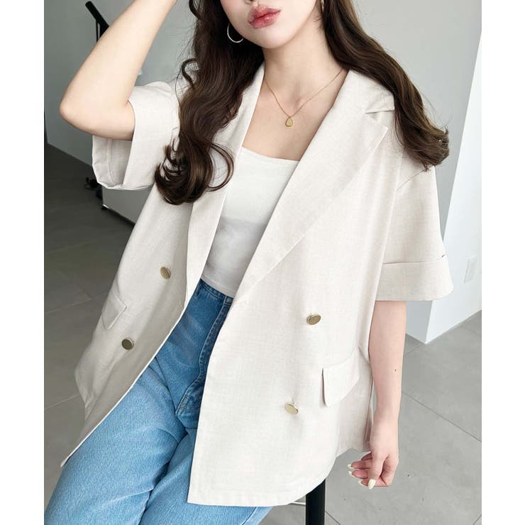 ナチュラル | リネンタッチ半袖ダブルテーラージャケット | moment+