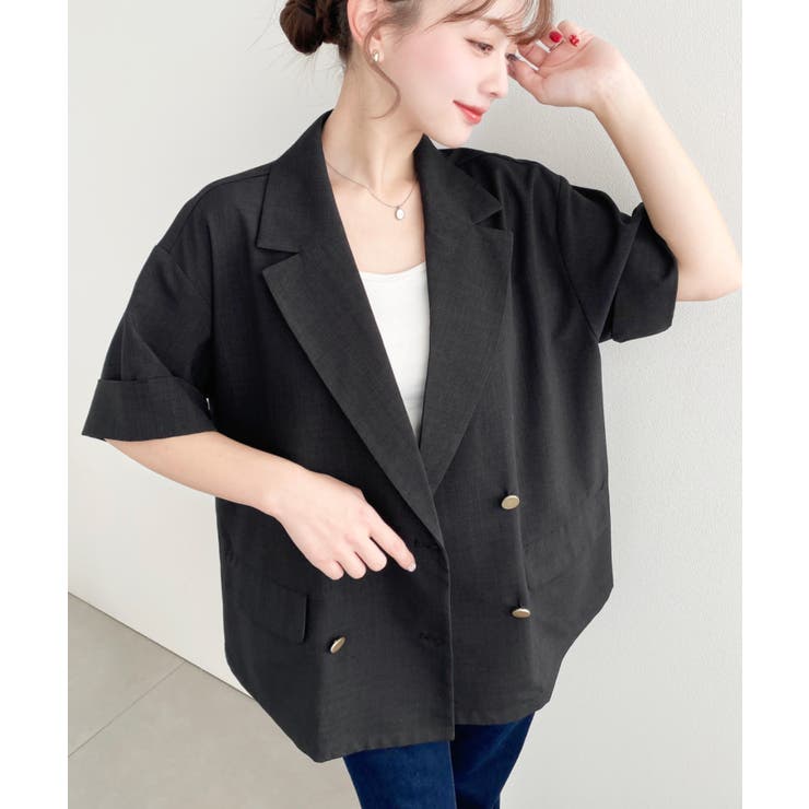 ブラック | リネンタッチ半袖ダブルテーラージャケット | moment+