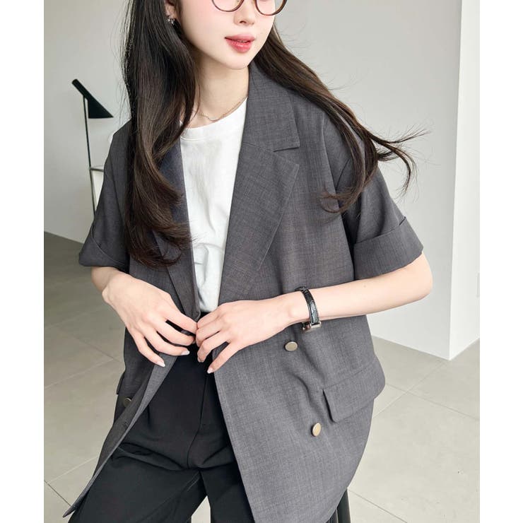 チャコールグレー | リネンタッチ半袖ダブルテーラージャケット | moment+