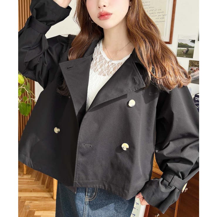 ブラック | コットンライクツイルキャンディスリーブショートトレンチ | moment+