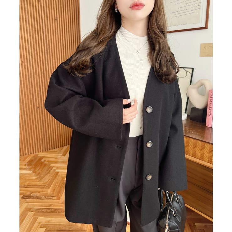 ブラック | ニットメルトンノーカラーミドルコート | moment+