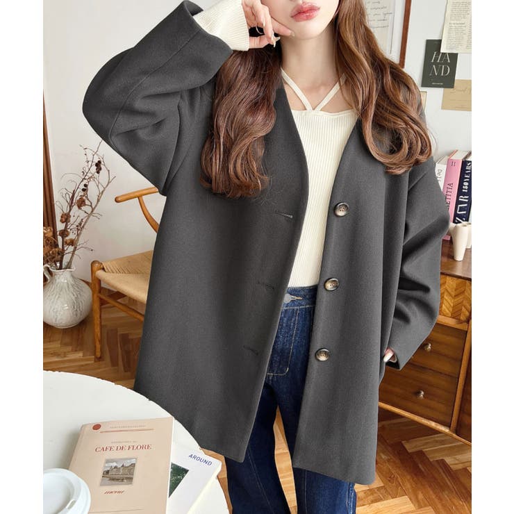 チャコールグレー | ニットメルトンノーカラーミドルコート | moment+