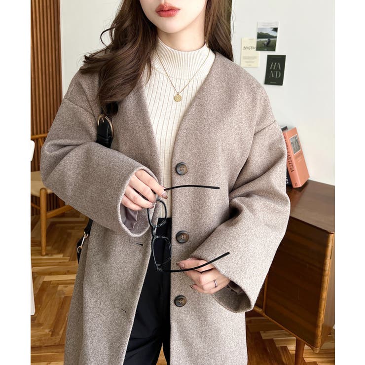 ブラウン系その他 | ニットメルトンノーカラーミドルコート | moment+