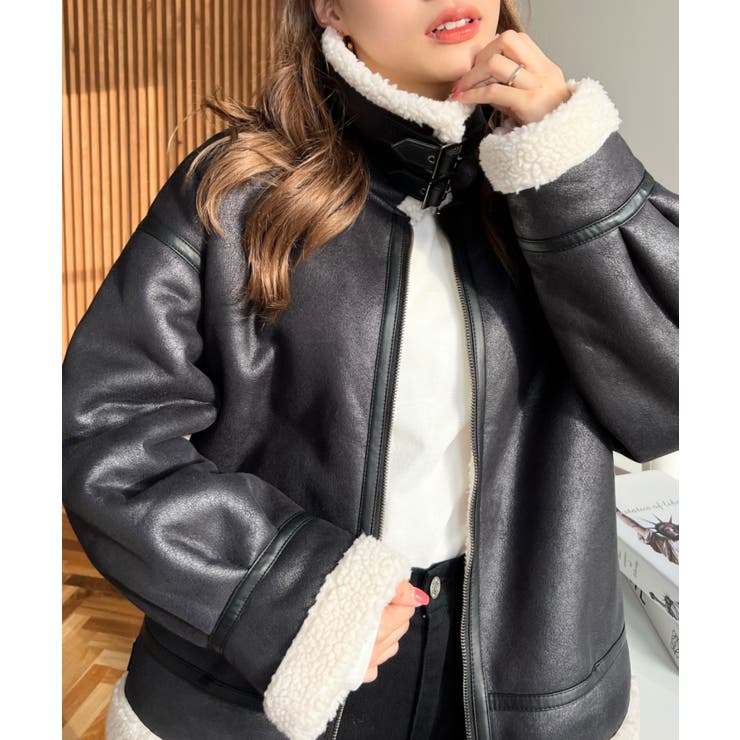 フェイクレザー×ボアフェイクムートンフライトジャケットブルゾン | moment+ | 詳細画像10 