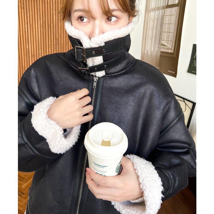 フェイクレザー×ボアフェイクムートンフライトジャケットブルゾン | moment+ | 詳細画像14 